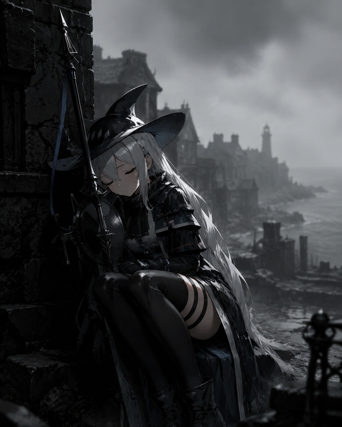 Resting her head against her claymore while dozing in a desolate coastal town under heavy gray fog (cinematic noir)