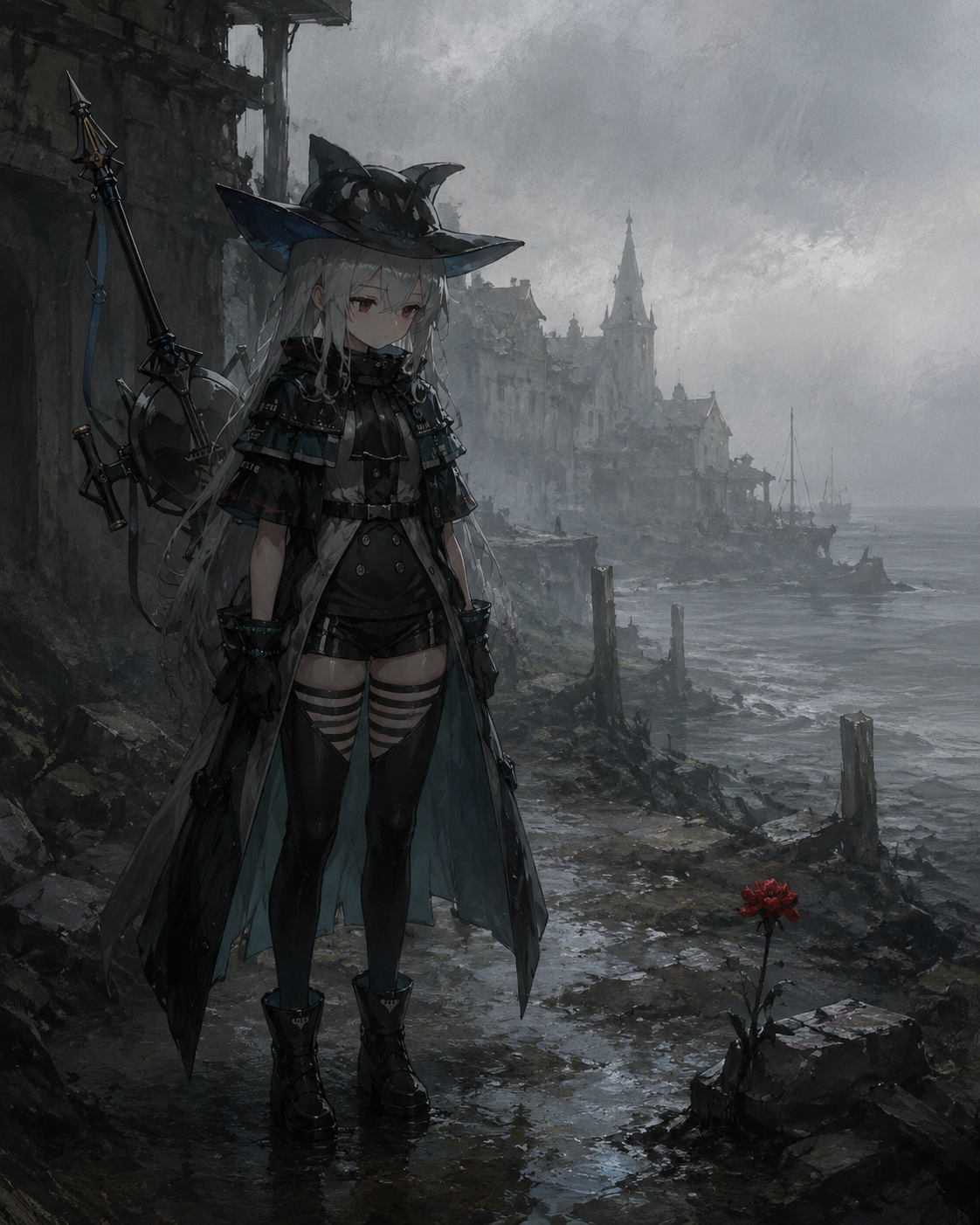 Staring blankly at a single red flower In a desolate coastal town under heavy gray fog (gritty concept art, oil painting style)