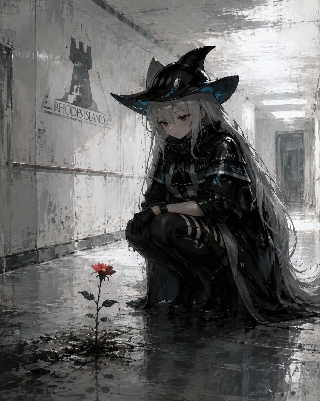 Staring blankly at a single red flower in the clinical white corridors of Rhodes Island (gritty concept art)