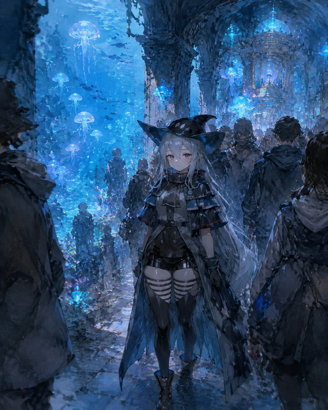 Walking slowly through a crowd of busy people at the edge of a bioluminescent underwater ruin (ethereal watercolor)