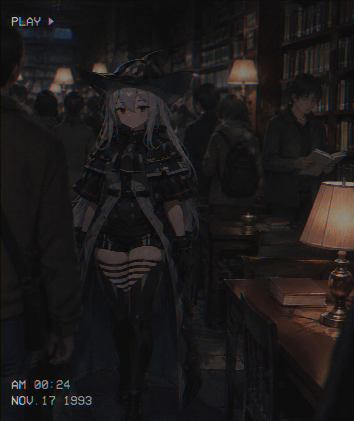 Walking slowly through a crowd of busy people in a quiet library corner lit by dim lamps (90s retro anime)