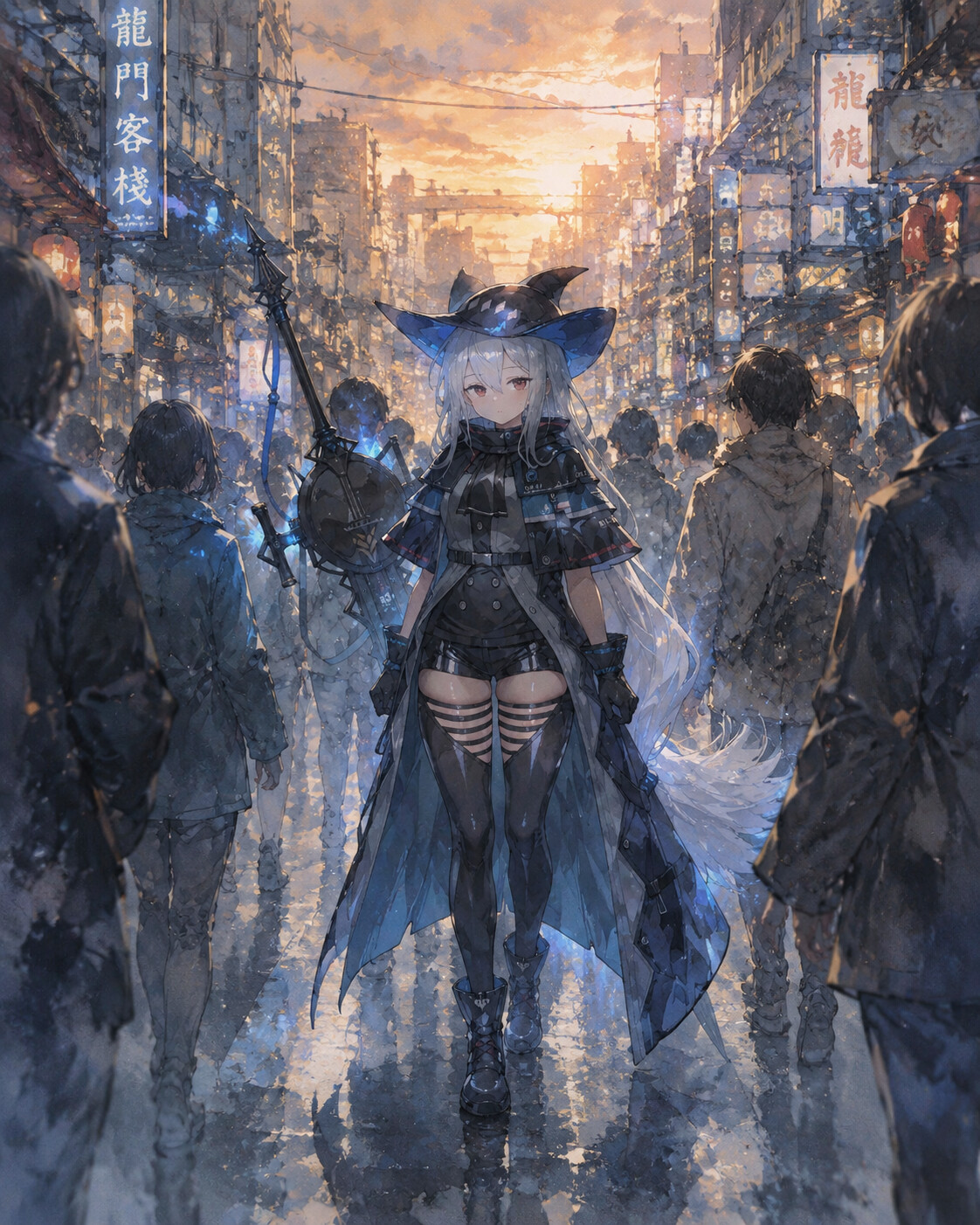 Walking slowly through a crowd of busy people on a crowded street in Lungmen during sunset (ethereal watercolor)