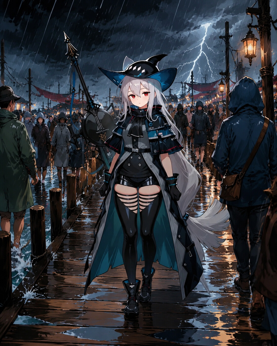 Walking slowly through a crowd of busy people on a rickety wooden pier during a thunderstorm (clean cel-shaded vector art)
