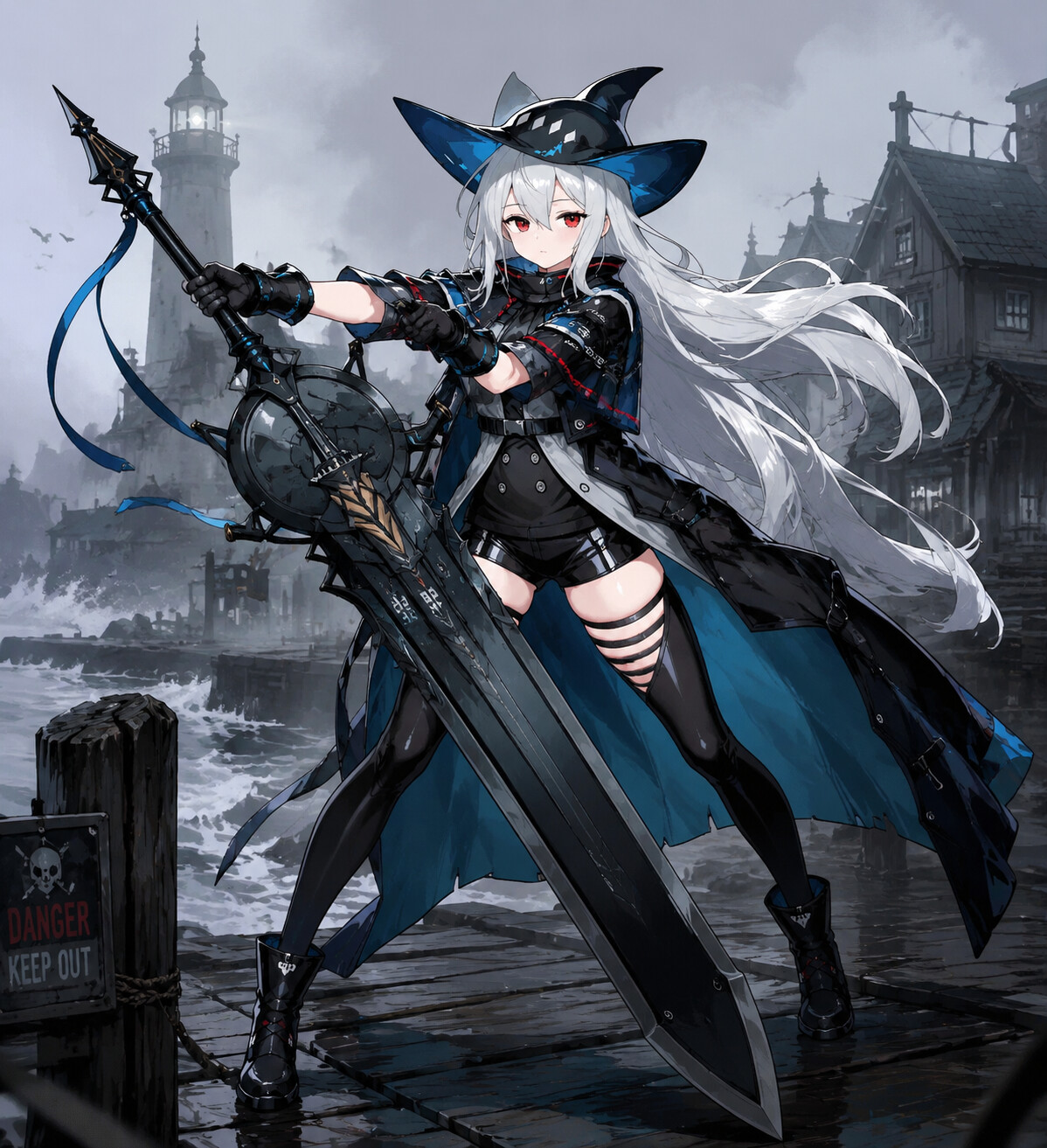 Wielding her massive black sword with effortless grace in a desolate coastal town under heavy gray fog (clean cel-shaded vector art)