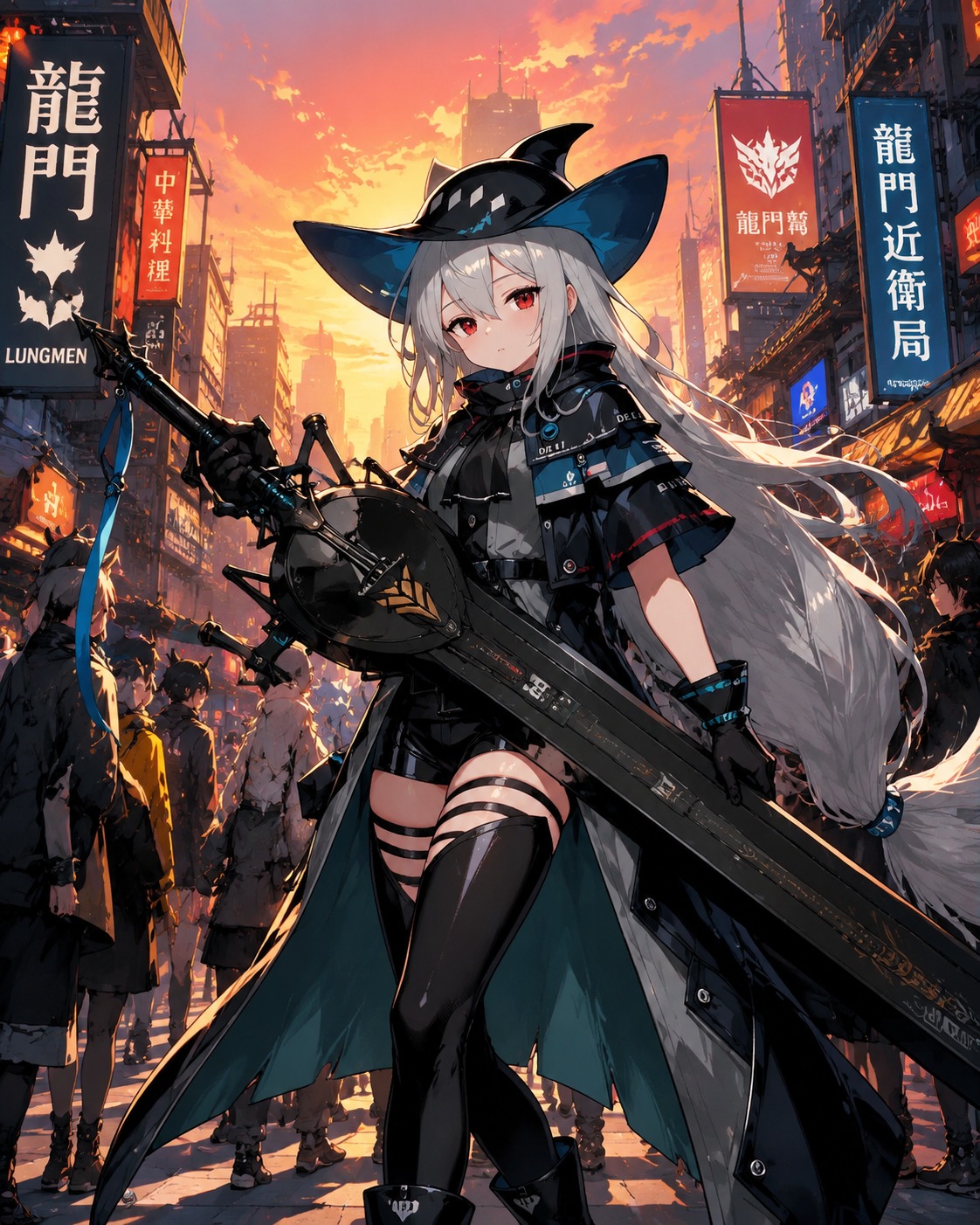 Wielding her massive black sword with effortless grace On a crowded street in Lungmen during sunset (clean cel-shaded vector art, vibrant colors)