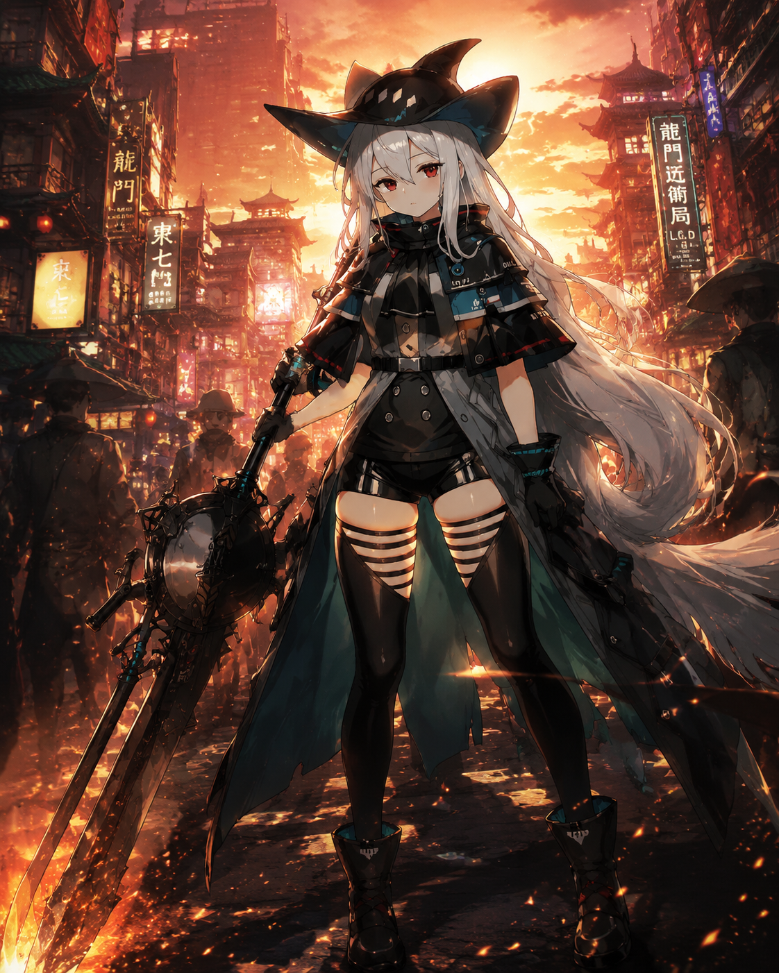 Wielding her massive black sword with effortless grace On a crowded street in Lungmen during sunset (detailed splash art, epic lighting and particles)