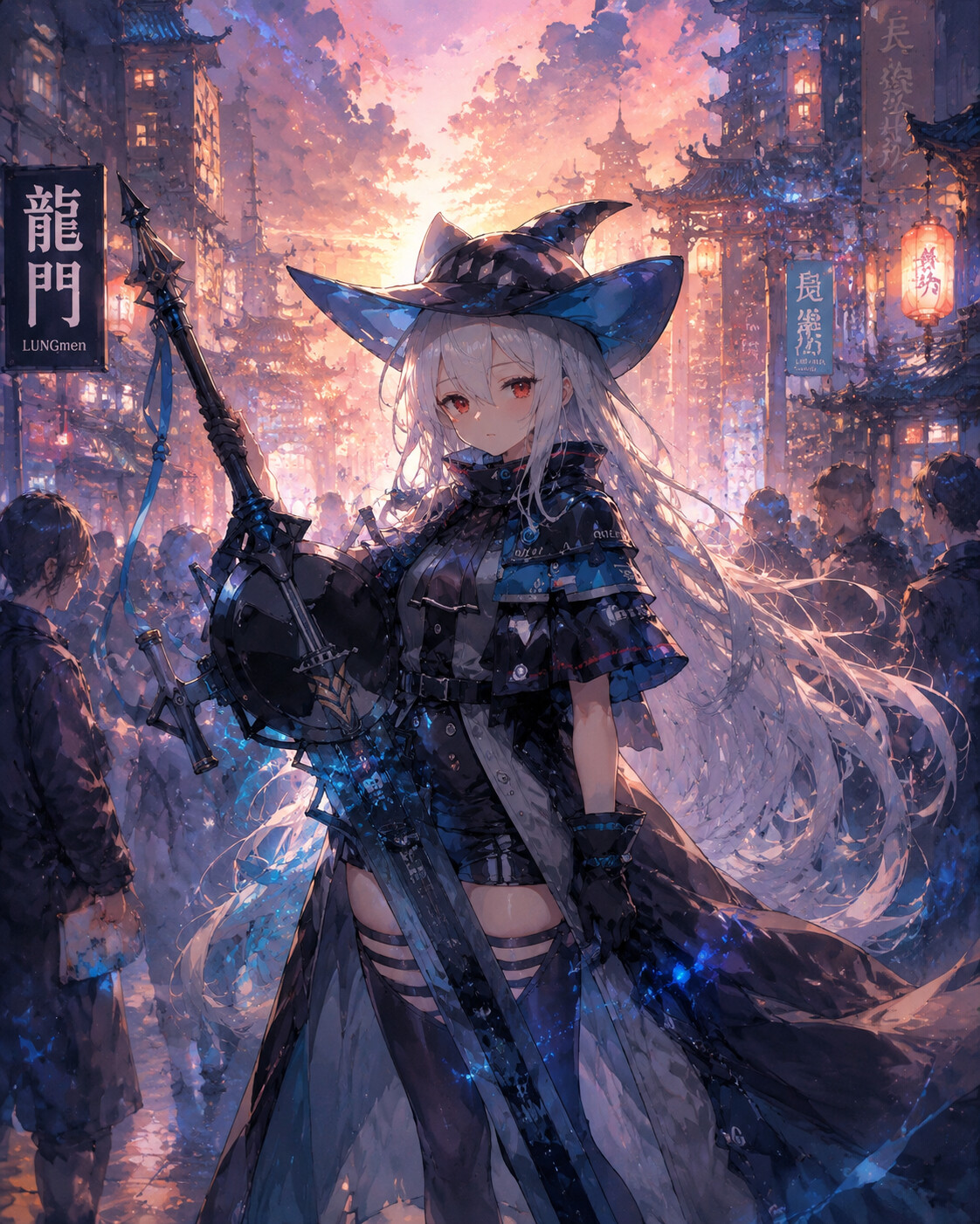 Wielding her massive black sword with effortless grace on a crowded street in Lungmen during sunset (ethereal watercolor)
