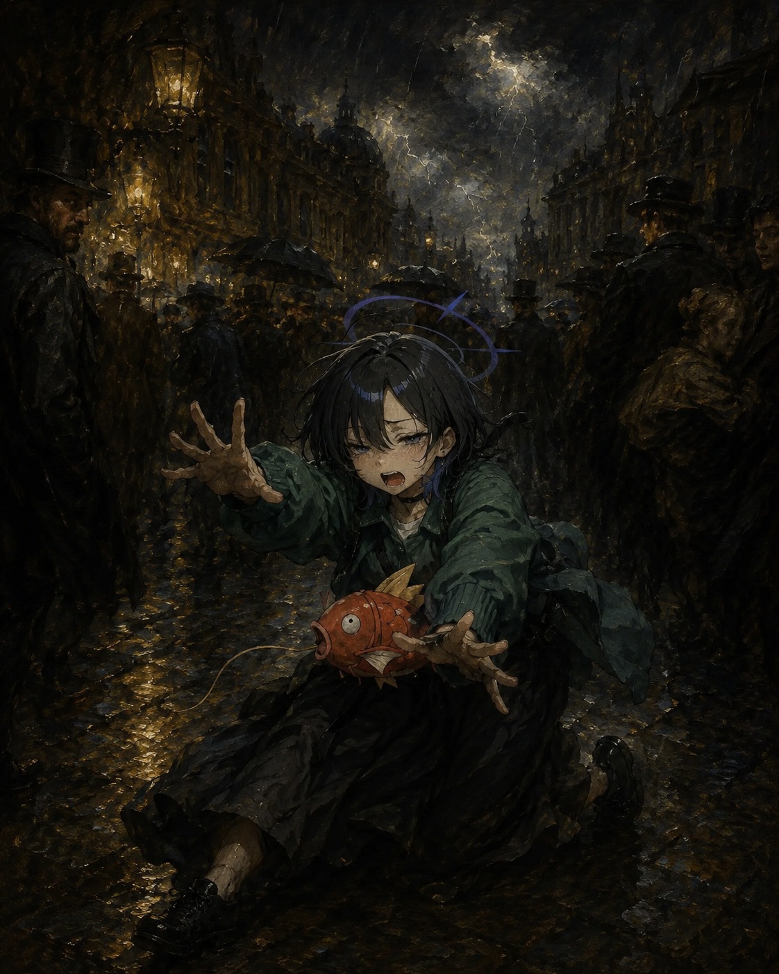 Flailing uselessly on dry land On a crowded city street during a storm (baroque oil painting, chiaroscuro lighting)