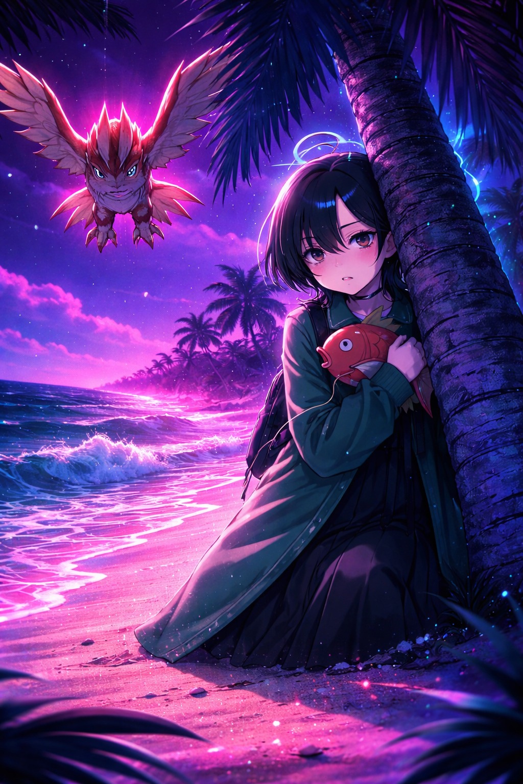 Hiding from a hungry pidgeotto On a sandy beach during high tide (synthwave aesthetic, neon pink and blue)