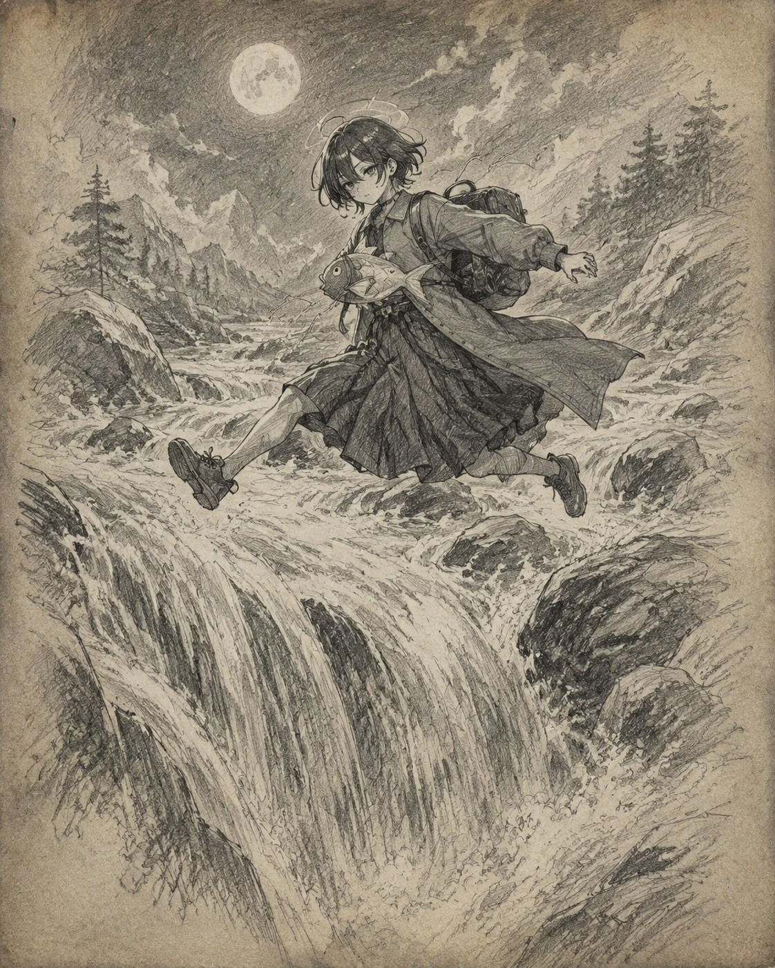 Leaping over a massive waterfall In a rushing mountain stream under moonlight (rough graphite sketch on parchment paper)