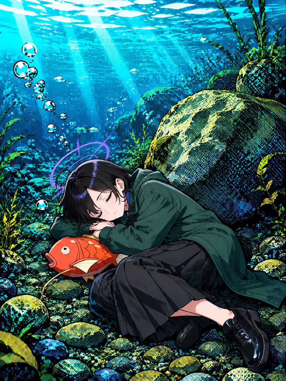 Napping peacefully near a riverbank At the bottom of a crystal clear lake (vibrant pop art, bold halftones and outlines)