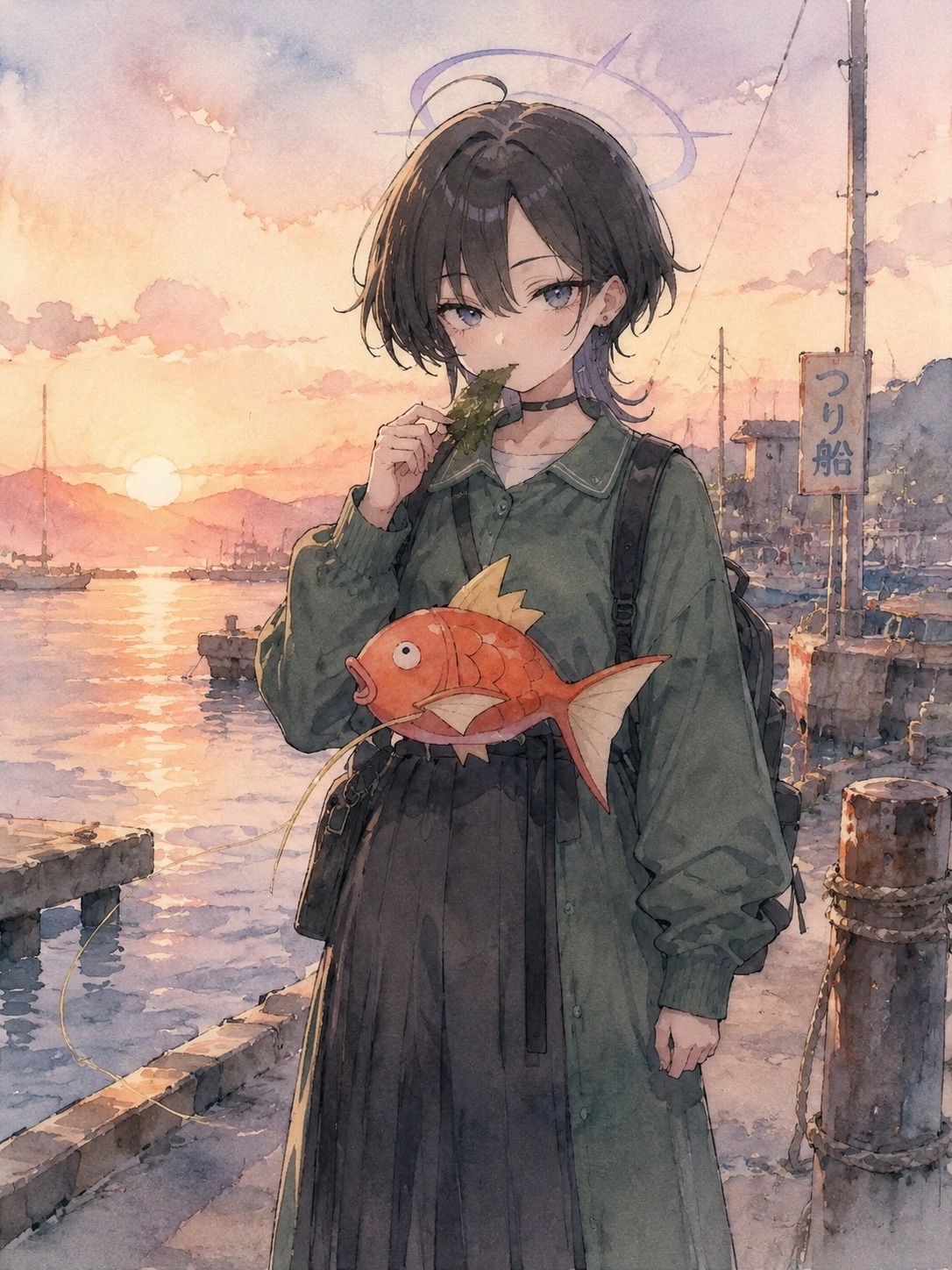 Nibbling on a piece of floating seaweed At a quiet fishing dock at sunset (soft watercolor, bleeding pastels and light)