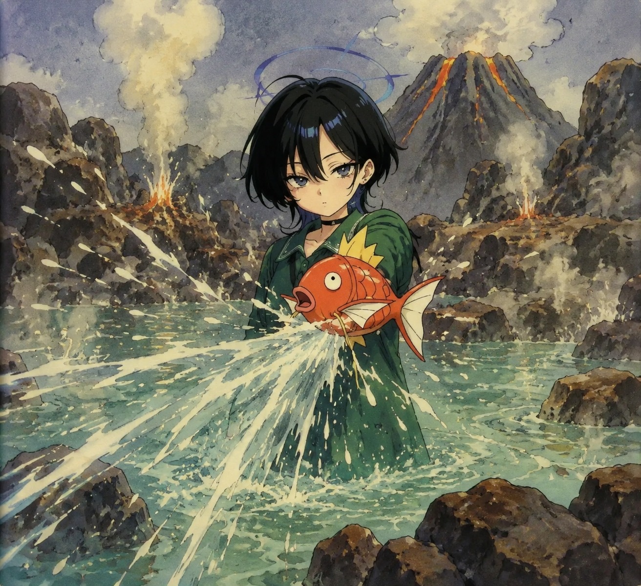 Using its signature splash attack In a bubbling volcanic hot spring (90s retro anime, hand-painted cel style)