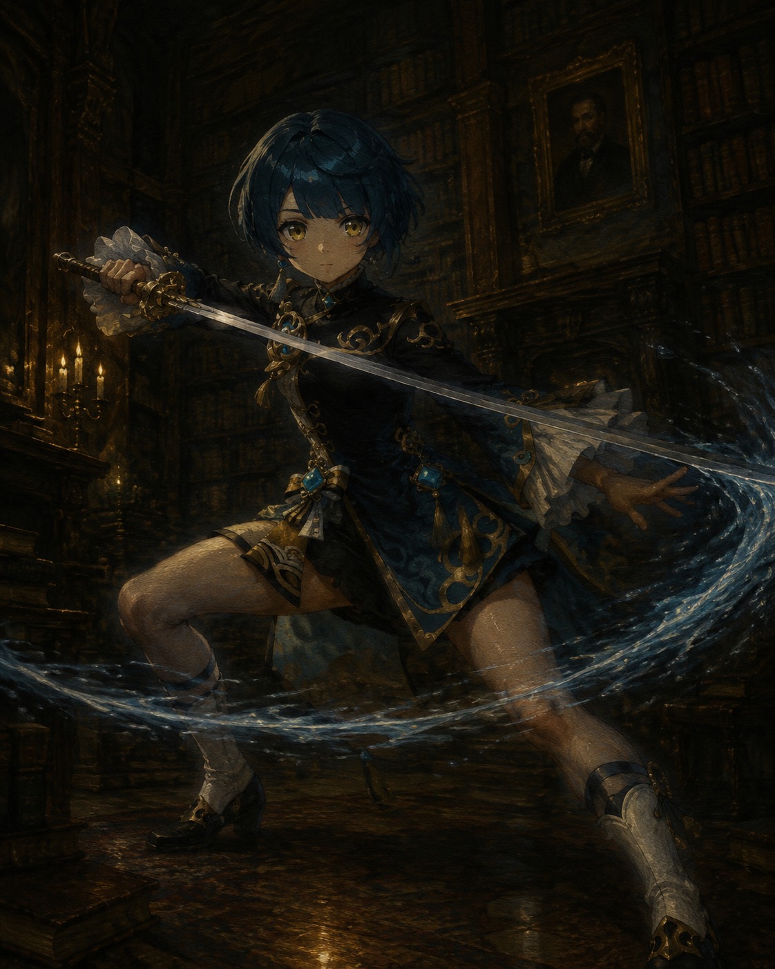 Executing a swift raincutter sword strike In a quiet library filled with floor-to-ceiling bookshelves (dark Victorian oil painting, moody chiaroscuro)