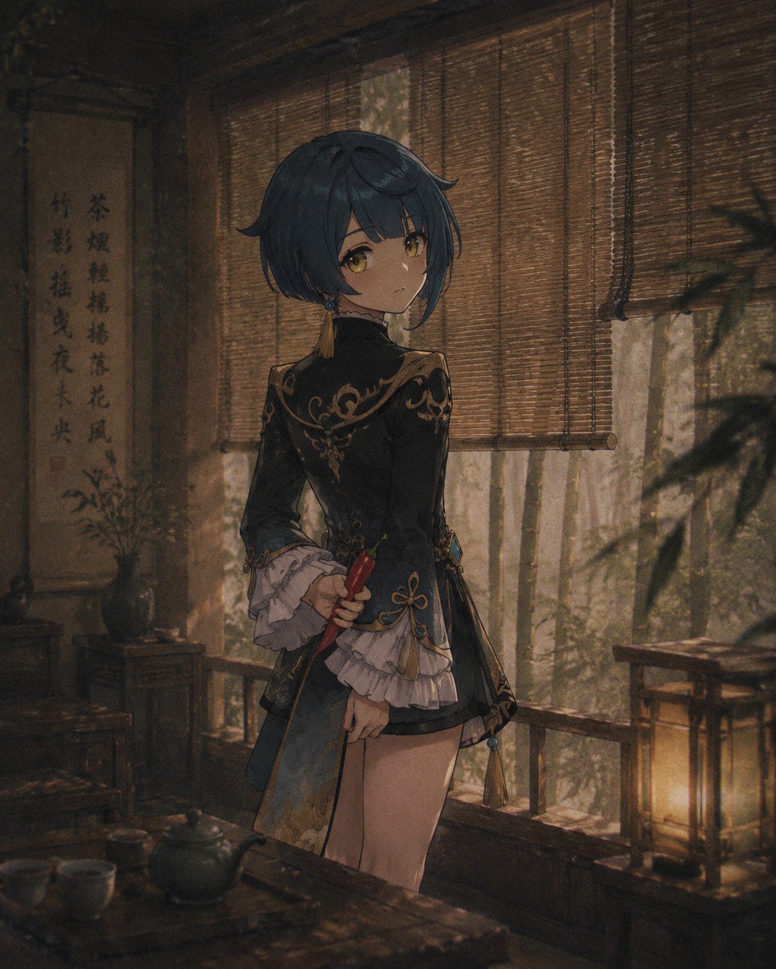 Hiding a spicy chili behind his back In a secluded tea house with bamboo screens (lo-fi aesthetic, muted vintage film grain)