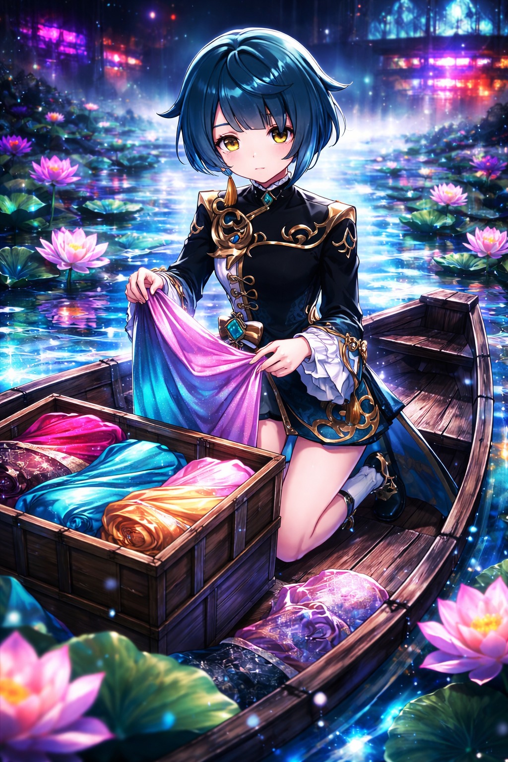 Inspecting a crate of fine silk fabrics On a boat drifting through a misty lotus pond (cyberpunk neon, high-contrast digital art)