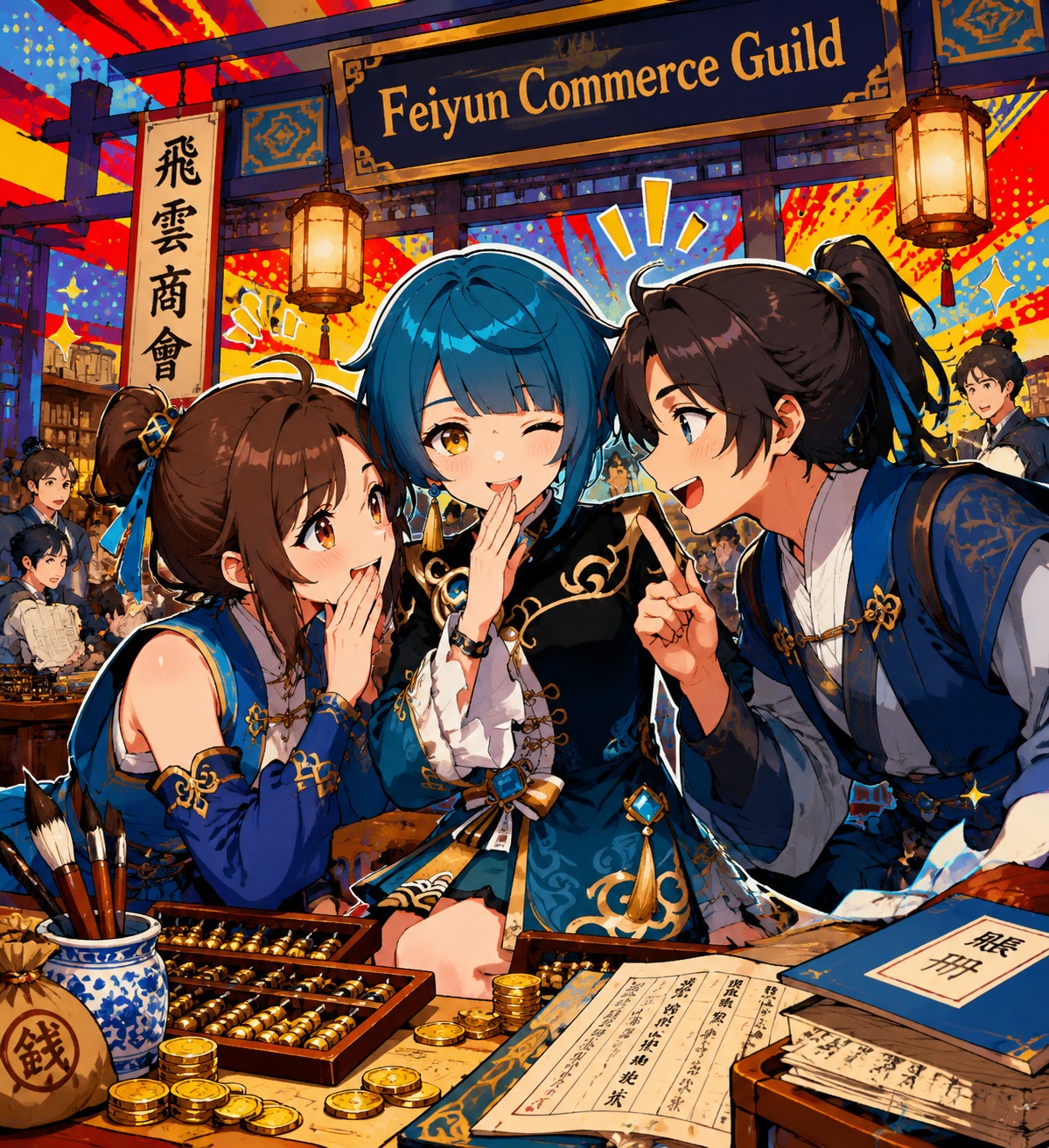Laughing while sharing a secret with friends In the busy counting house of Feiyun Commerce Guild (vibrant pop art, saturated primary colors)