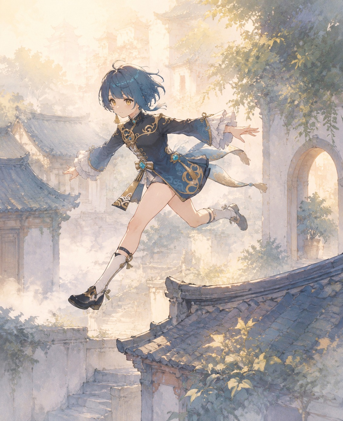 Leaping across the city rooftops at night In a sun-drenched courtyard during the early morning fog (soft watercolor wash, dreamy pastel tones)