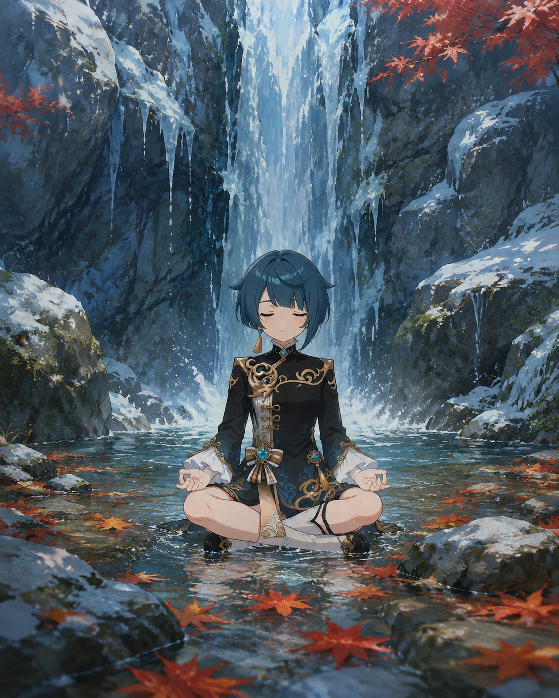 Meditating under a freezing mountain waterfall On a training field scattered with fallen maple leaves (Studio Ghibli inspired, lush hand-painted backgrounds)