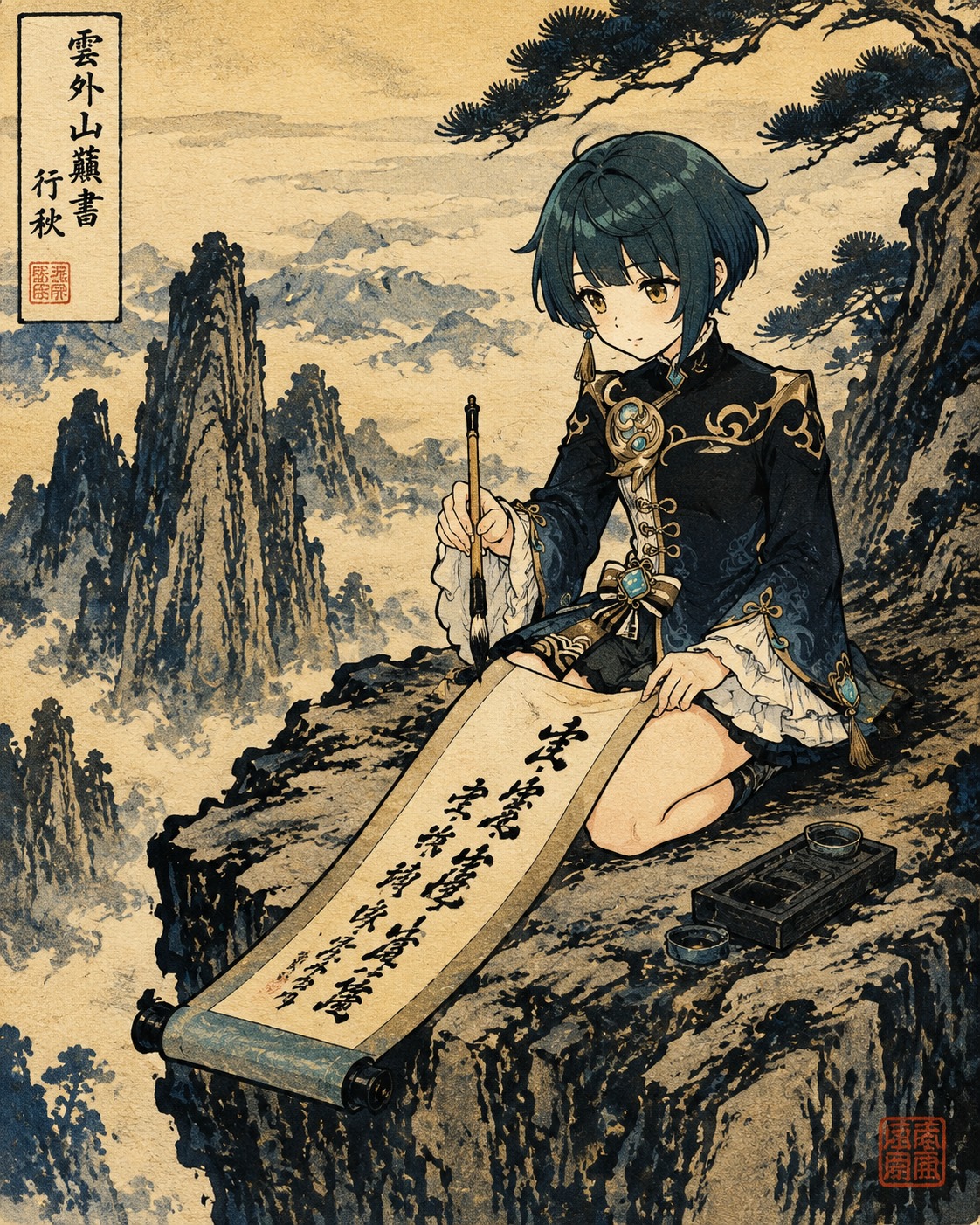 Practicing elegant calligraphy on a scroll At the edge of a jagged mountain cliff (Ukiyo-e woodblock print, bold ink strokes)