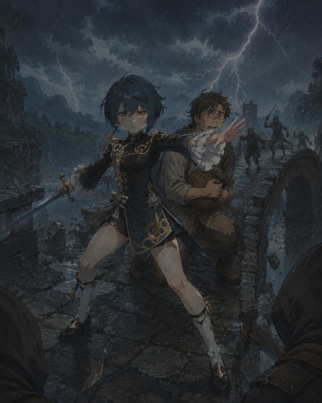 Protecting a merchant from a bandit ambush On a crumbling stone bridge during a thunderstorm (lo-fi aesthetic, muted vintage film grain)