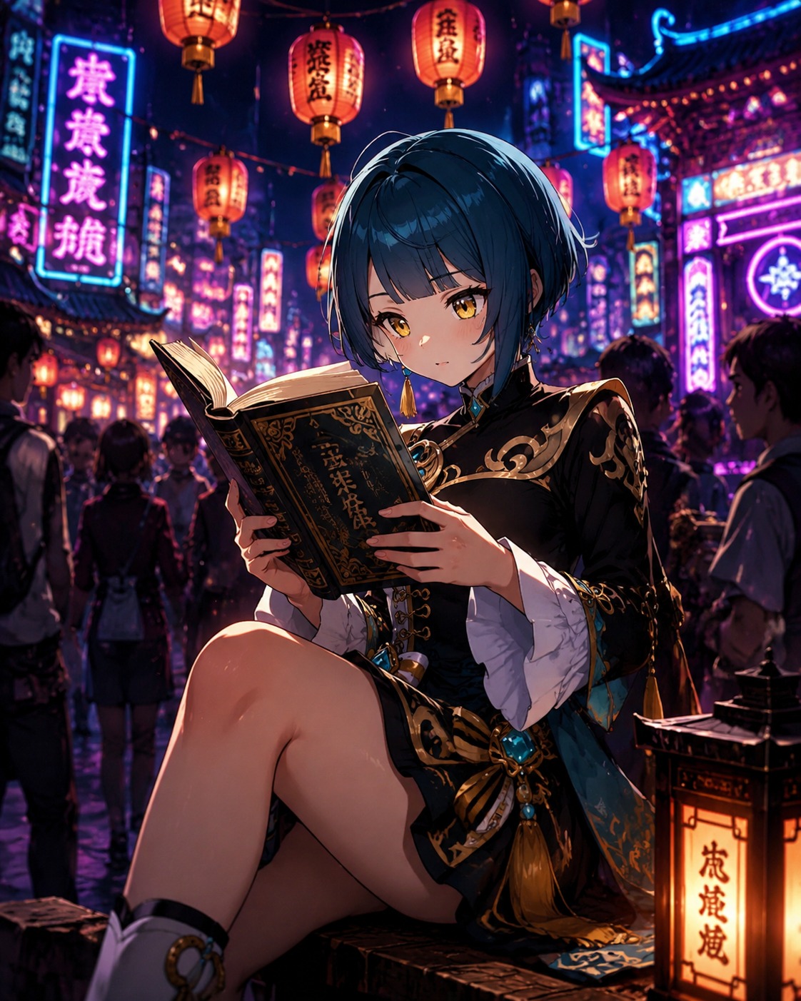 Reading a rare novel intently At a crowded street festival under glowing lanterns (cyberpunk neon, high-contrast digital art)