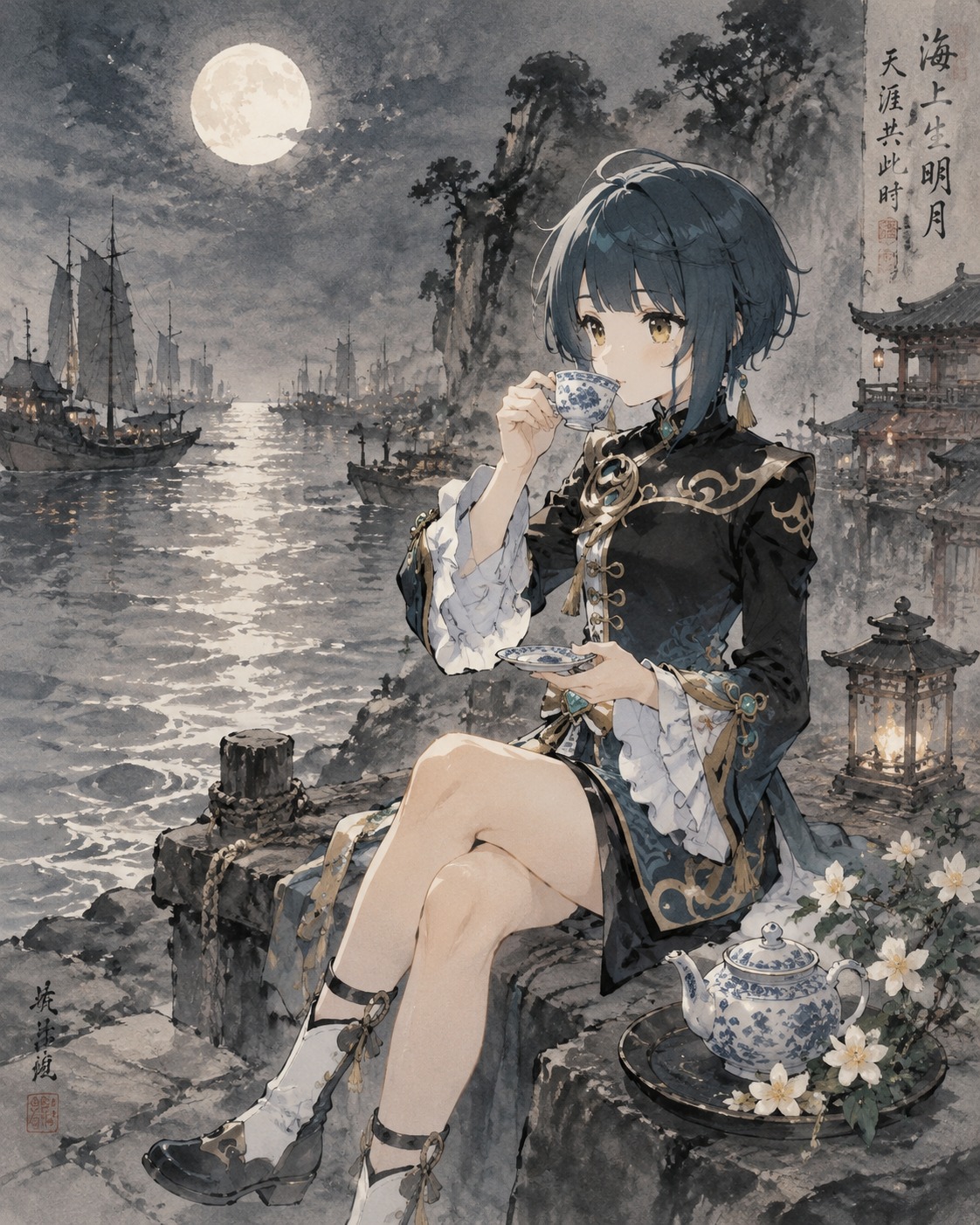 Sipping jasmine tea from a porcelain cup At a moonlit harbor watching the tide roll in (traditional Chinese ink painting, ethereal atmosphere)