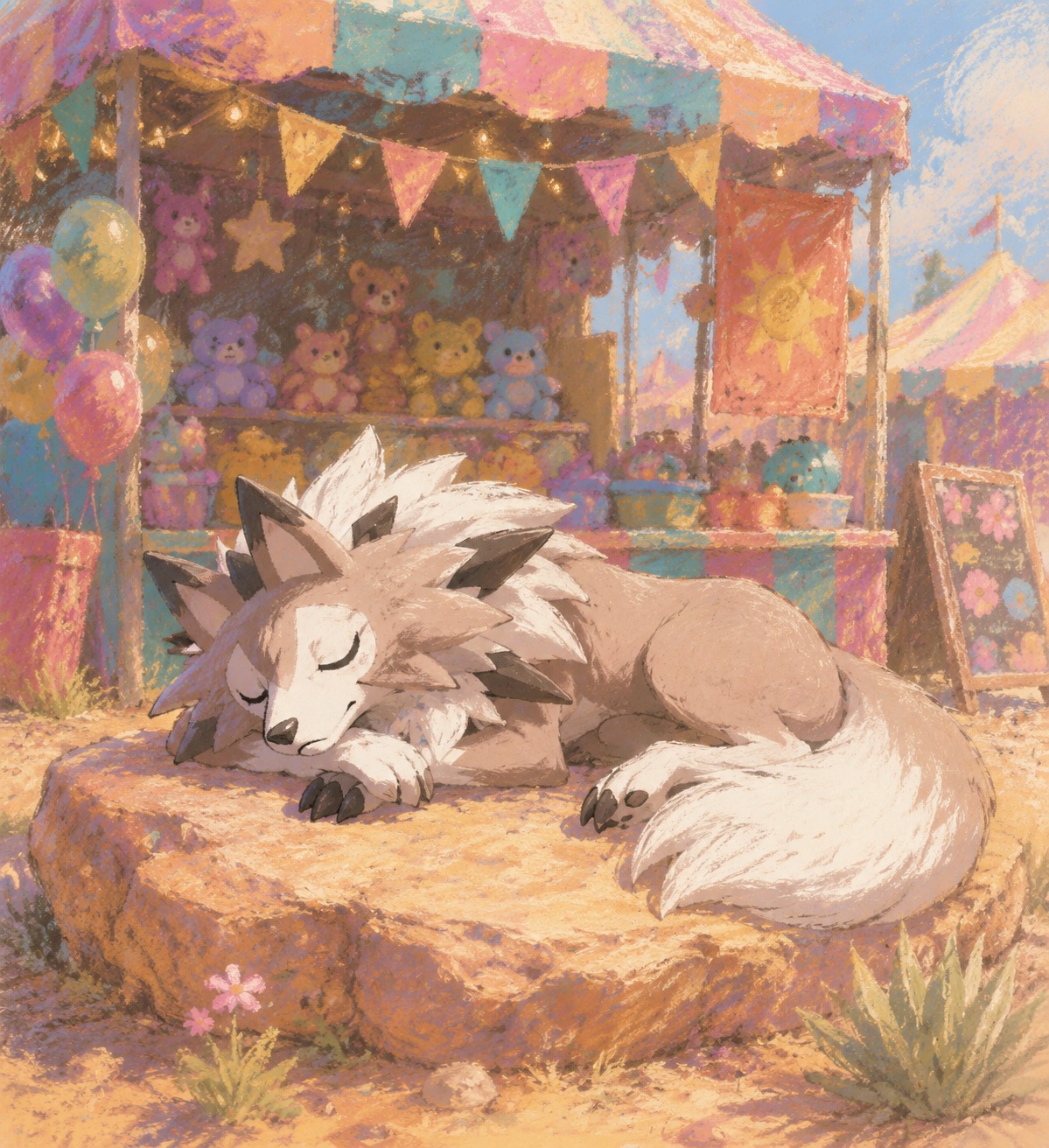 Napping on a warm flat desert boulder At a colorful summer carnival booth (soft pastel chalk, dreamlike textures)
