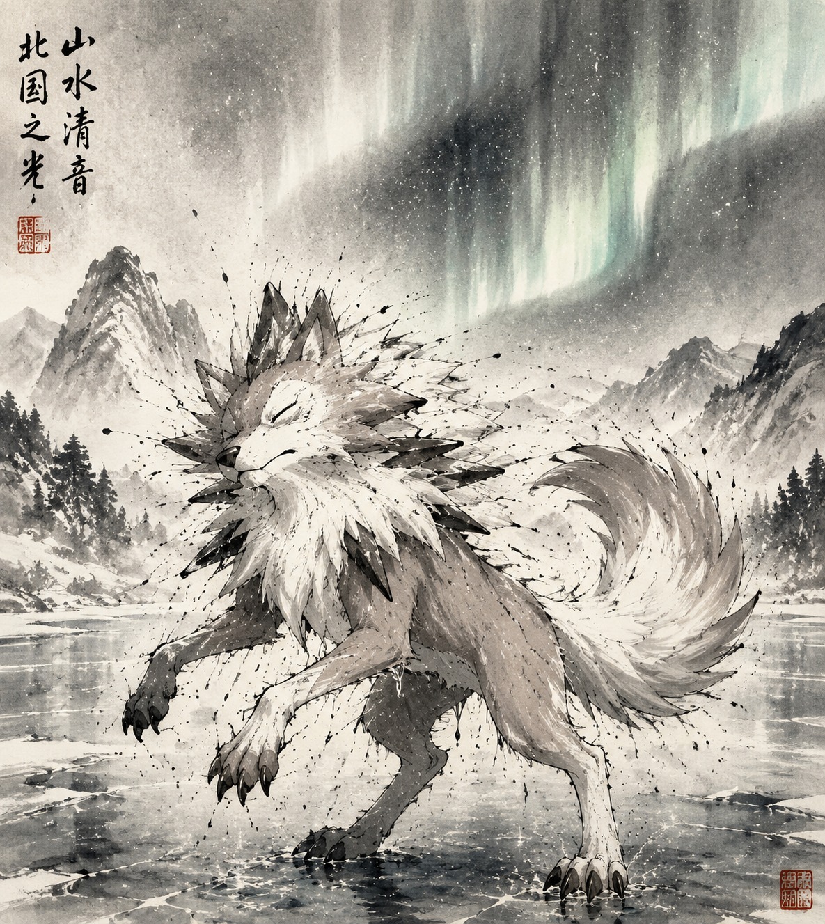 Shaking mountain rainwater off its thick fur On a frozen lake under shimmering northern lights (traditional Japanese ink wash, sumi-e style)