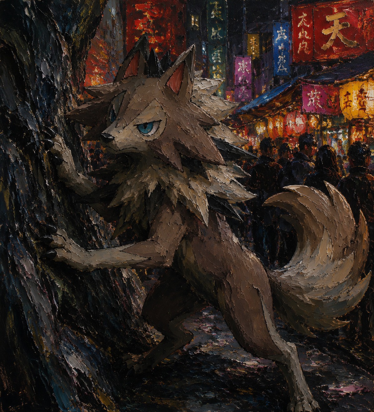 Sharpening stony manes against a jagged cliff At a crowded neon-lit night market (dark oil painting, heavy impasto)