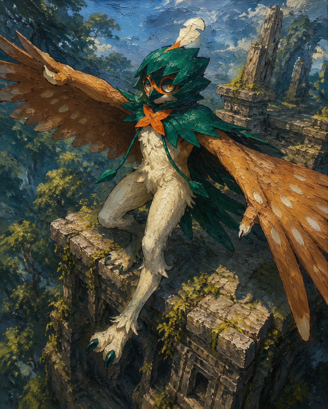 Gliding gracefully through the high canopy On a crumbling ancient stone ruin (heavy oil painting, textured brushstrokes)