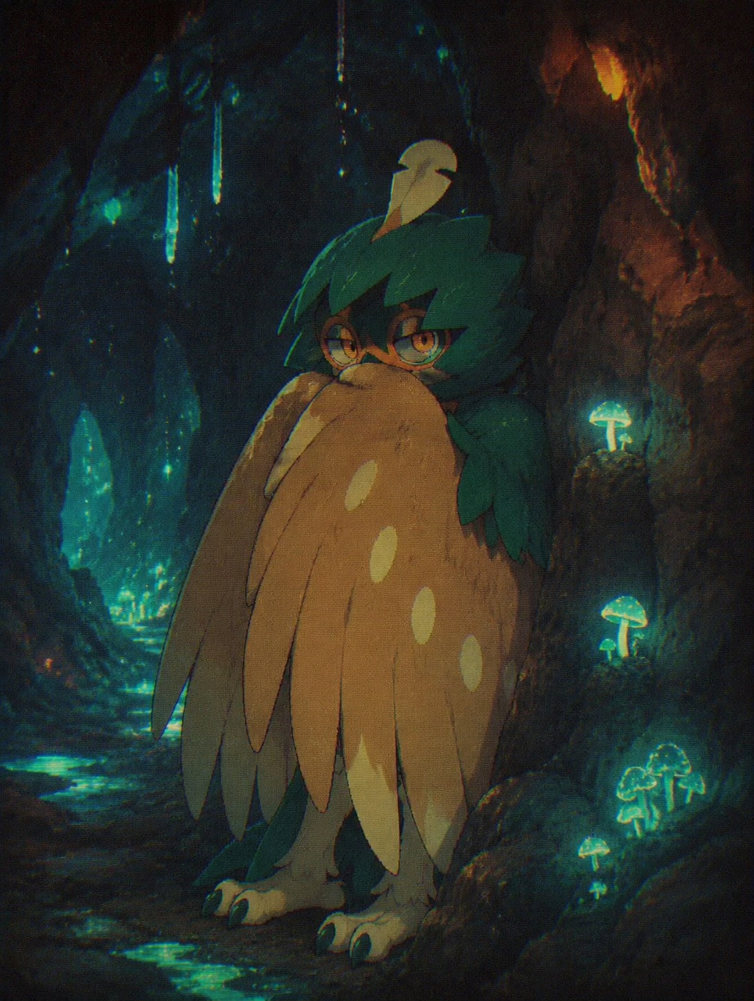 Hiding timidly behind its leafy wings In a glowing bioluminescent cavern (lo-fi aesthetic, grainy vintage filter)