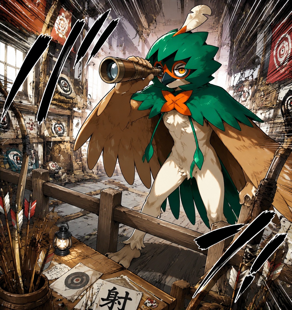 Scouting the area through a wooden scope In a cluttered indoor archery range (dynamic shonen manga, bold speed lines)