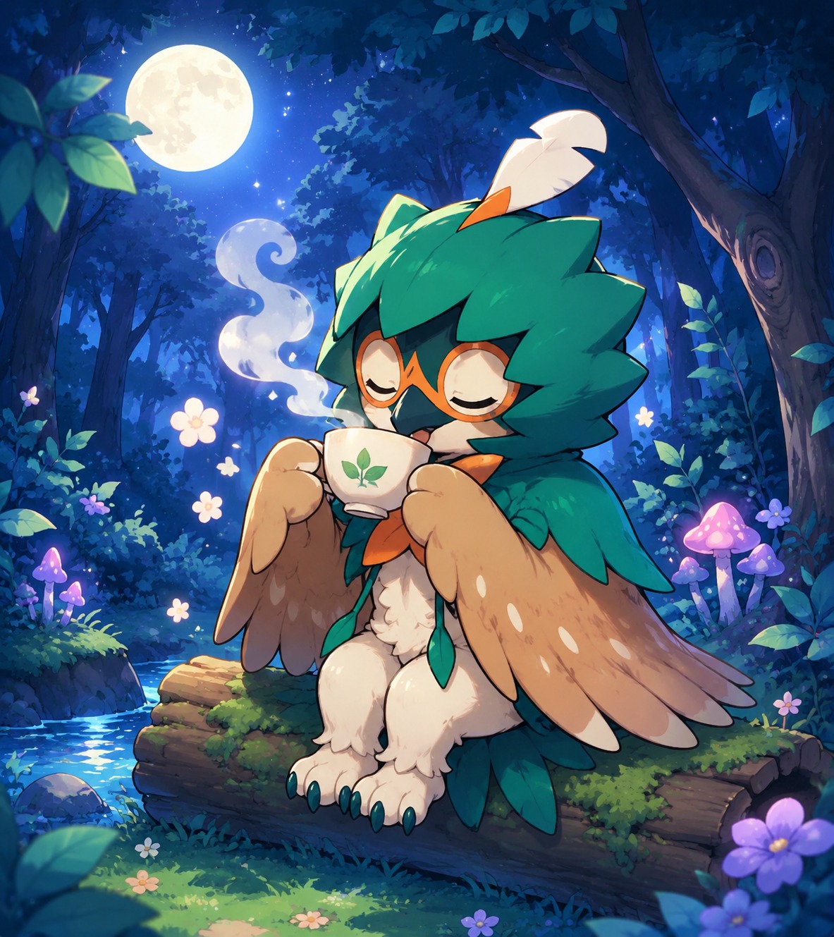 Sipping a cup of steaming tea In a dense moonlit forest (chibi cute, bright pastel colors)