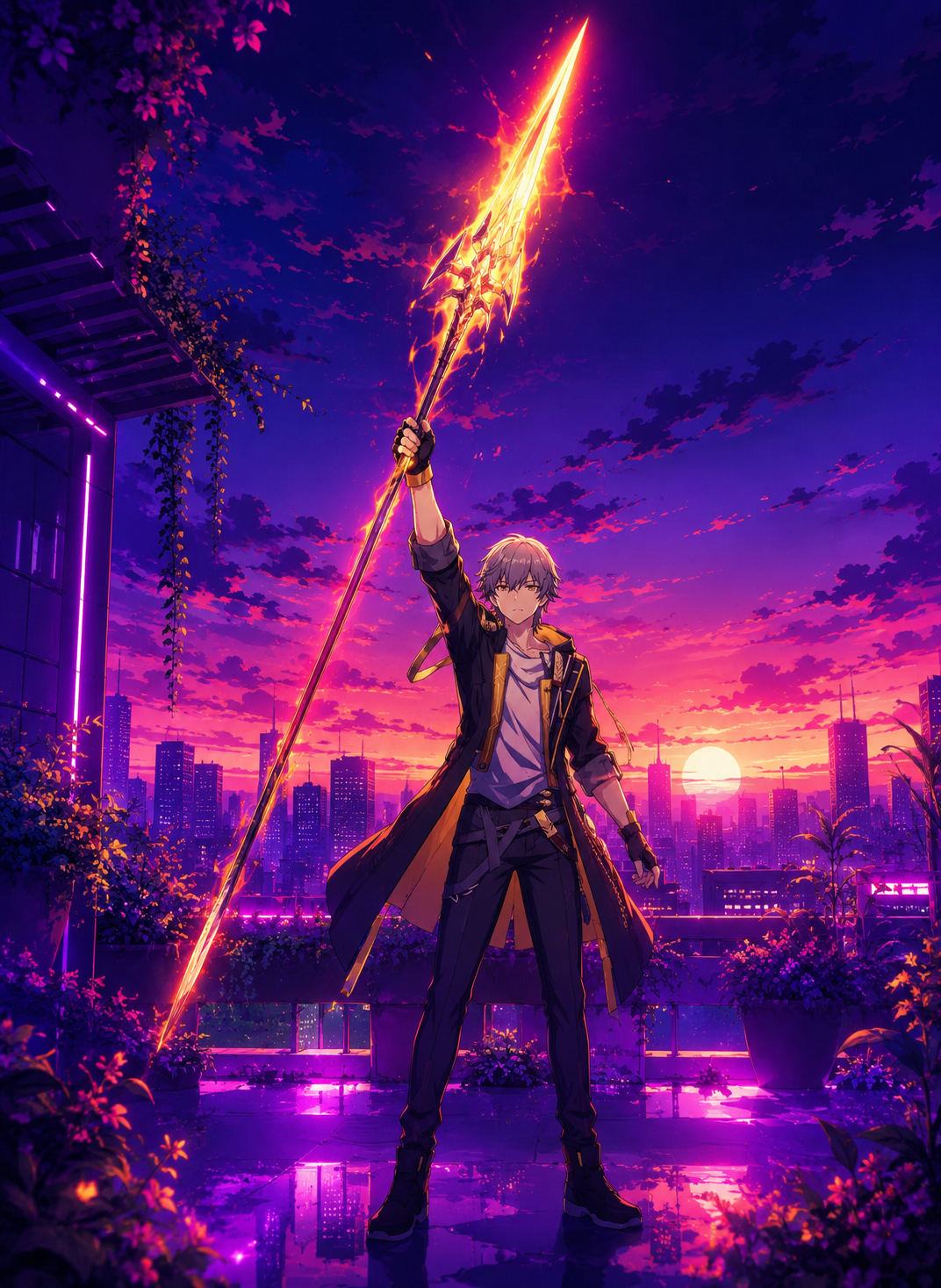 Brandishing a blazing lance toward the sky At a quiet rooftop garden during sunset (vibrant synthwave, neon glow and deep purples)