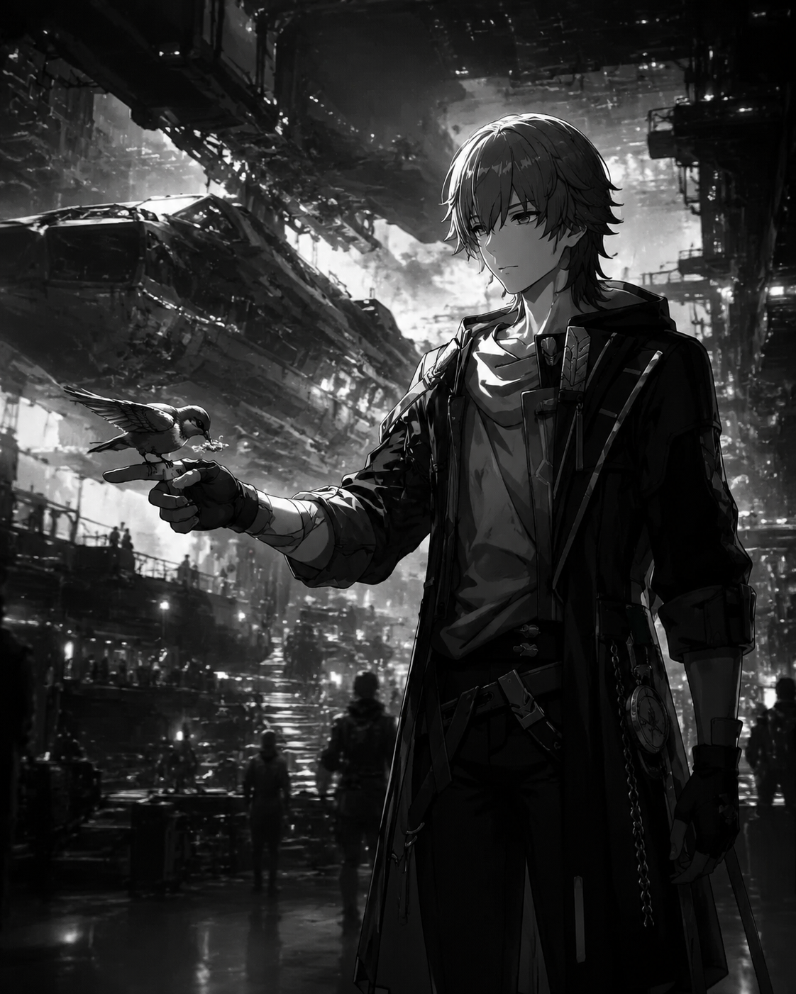 Feeding a small bird on his outstretched finger At a chaotic space station docking bay (moody film noir, high contrast black and white)