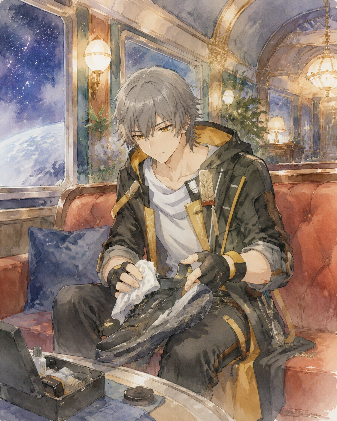 Polishing his trailrunning shoes with a cloth In the elegant parlor car of the Astral Express (soft watercolor, delicate brushstrokes and airy feel)