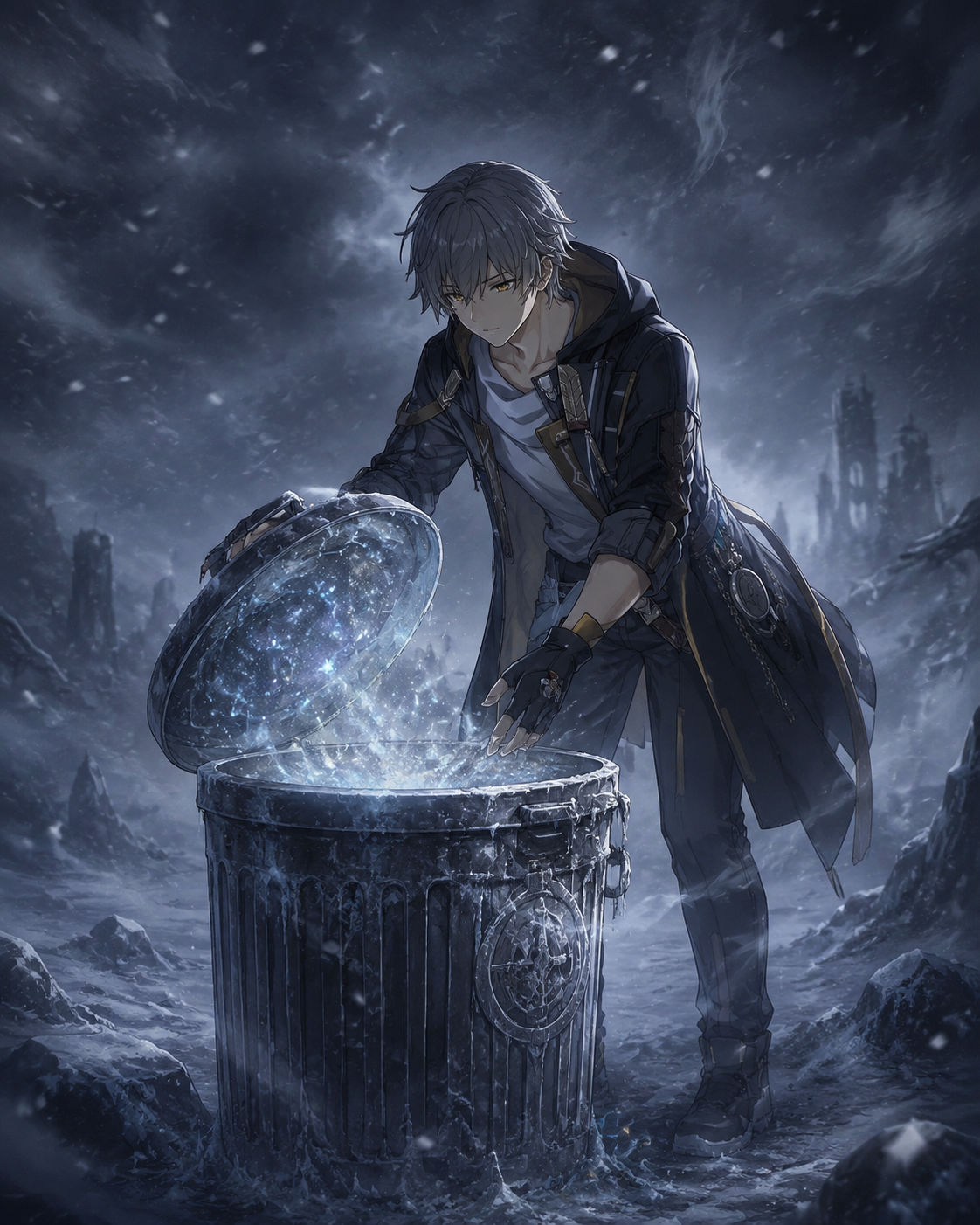 Rummaging through a mysterious silver trash can On a desolate frozen wasteland under a blizzard (dark ethereal fantasy, glowing particles and mist)