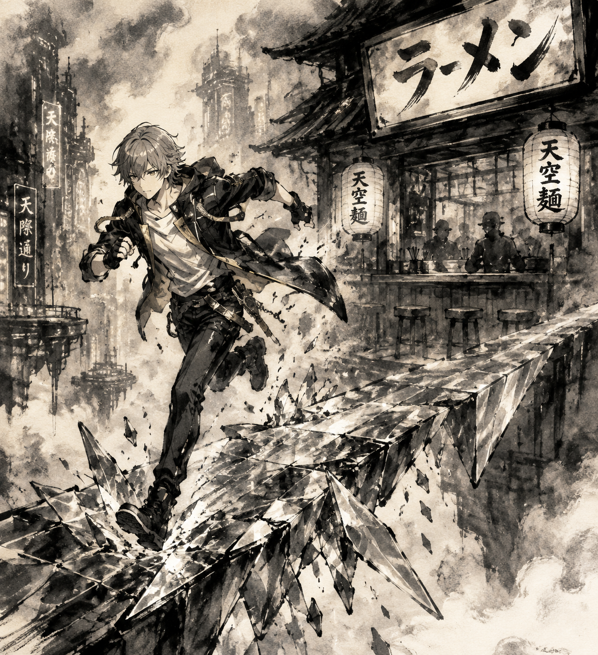 Sprinting across a collapsing crystalline bridge At a neon-lit ramen stall in a sky-city (sumi-e ink wash, traditional charcoal aesthetic)