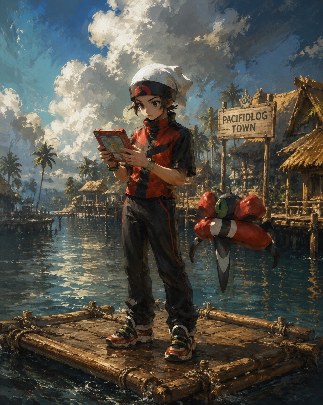 Checking a map on his pokénav On a floating wooden raft in Pacifidlog Town (cinematic oil painting, dramatic brushstrokes)