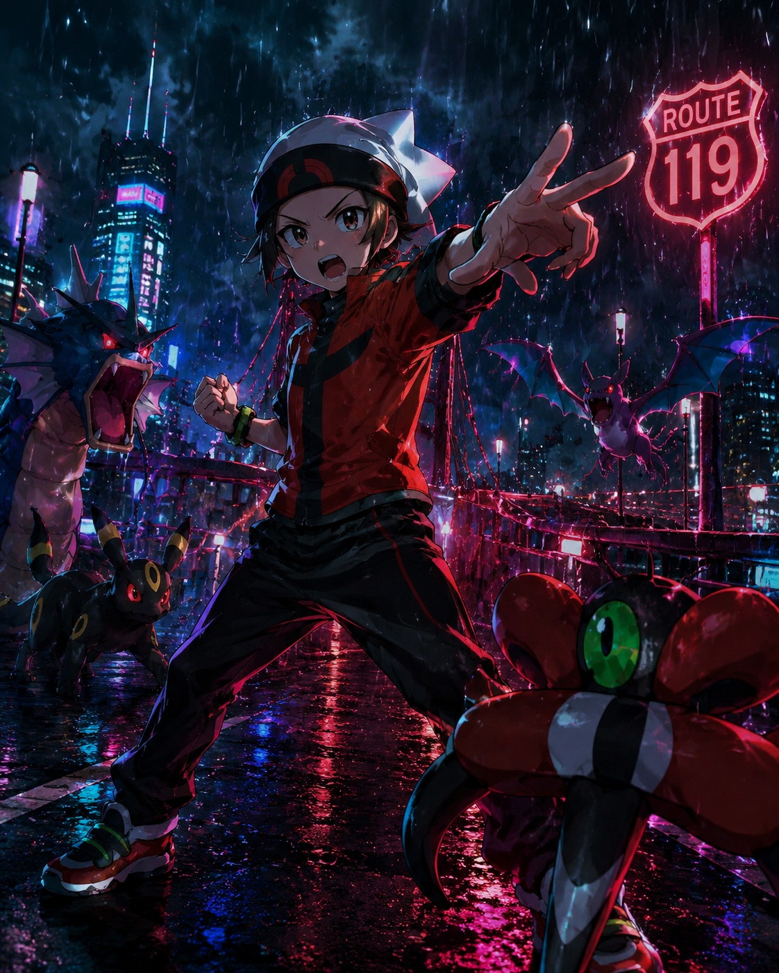 Commanding a battle with a fierce shout On the rainy Route 119 bridge at midnight (cyberpunk aesthetic, vibrant neon glows)