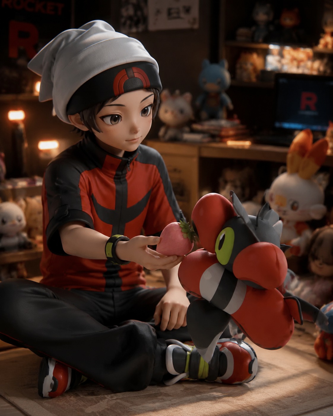 Feeding a pecha berry to his partner In a cozy secret base filled with plush dolls (3D render, sharp focus and realistic textures)