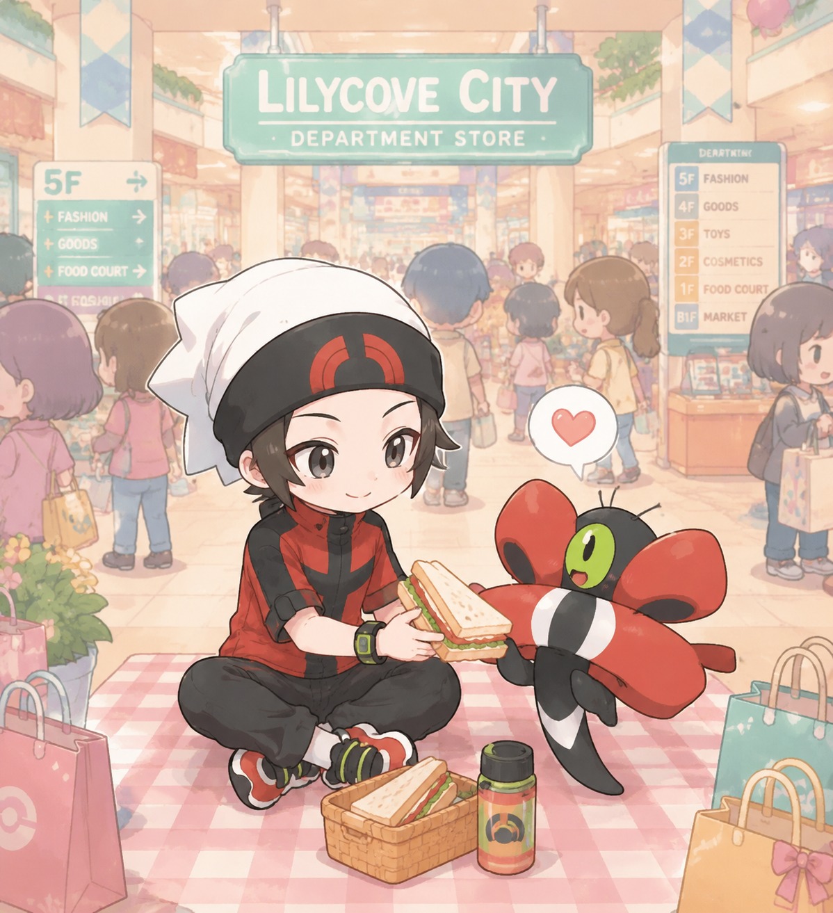 Sharing a sandwich during a quiet picnic At the crowded Lilycove City department store (chibi cute style, pastel palette)