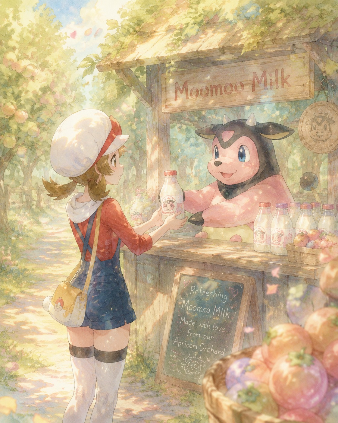 Buying a refreshing moomoo milk from a shop In a sun-drenched orchard of Apricorn trees (soft watercolor, dreamlike pastel palette)