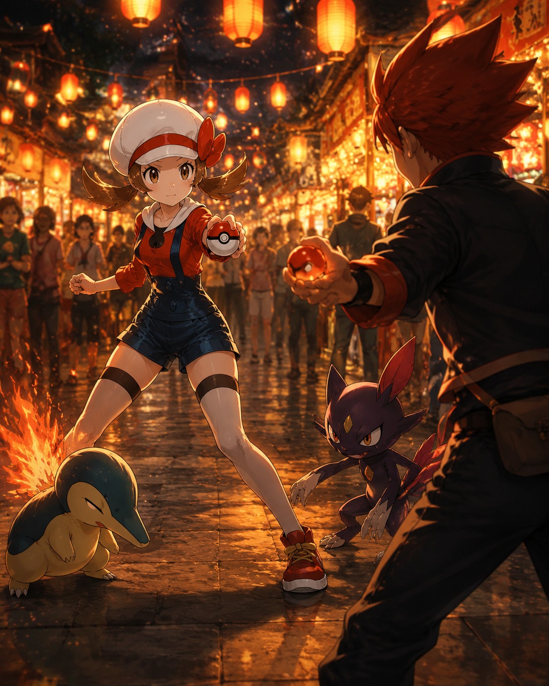 Clashing with a rival trainer in battle At a festive night market with paper lanterns (cinematic digital art, golden hour lighting)