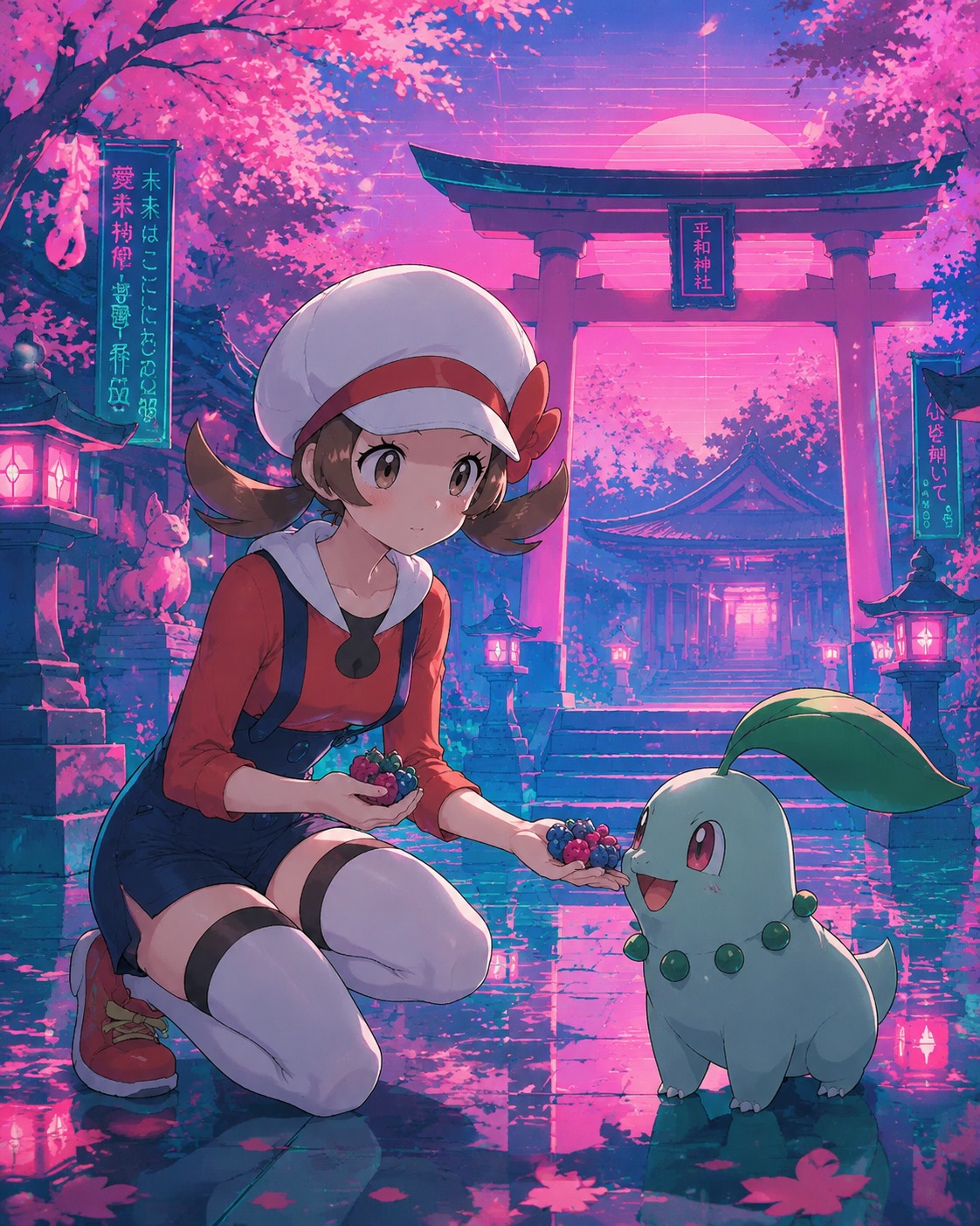 Feeding a handful of berries to a pokémon In a tranquil Shinto shrine with falling leaves (vaporwave aesthetic, neon pink and teal)
