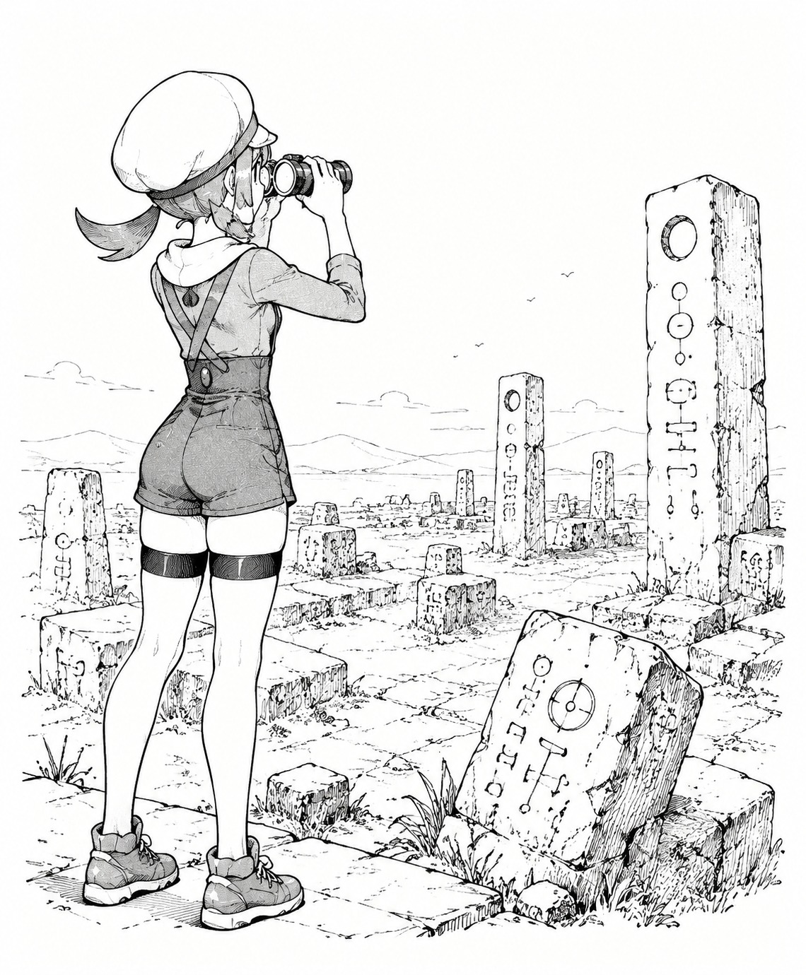 Scouting the horizon with silver binoculars At the mysterious and silent Ruins of Alph (minimalist ink sketch, black and white)