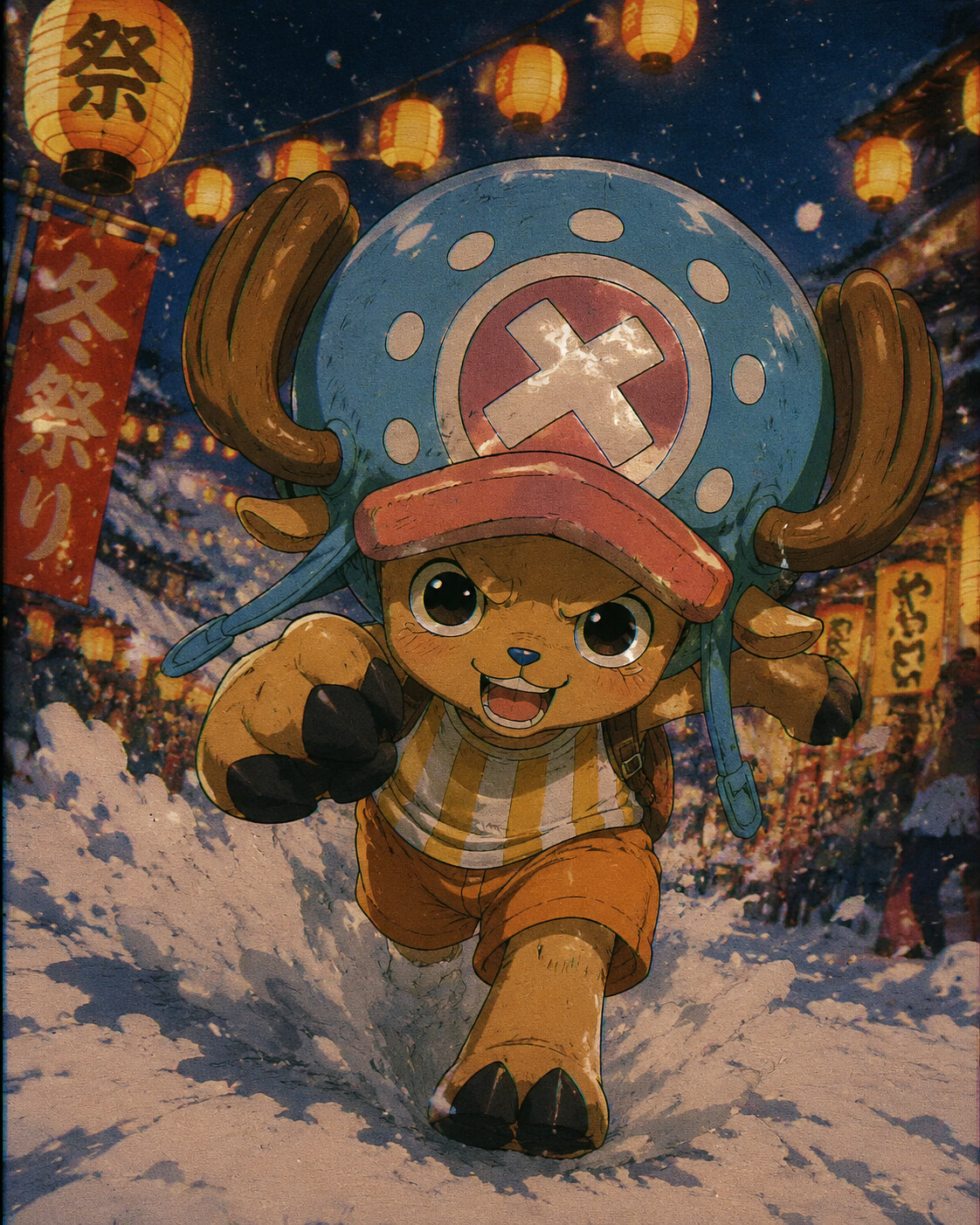 Charging forward in Heavy Point form at a snowy winter festival under glowing lanterns (retro 90s anime aesthetic)