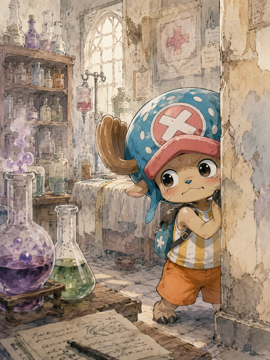 Cowering behind a wall while looking backwards In a cluttered infirmary filled with bubbling beakers (soft watercolor, delicate lineart)