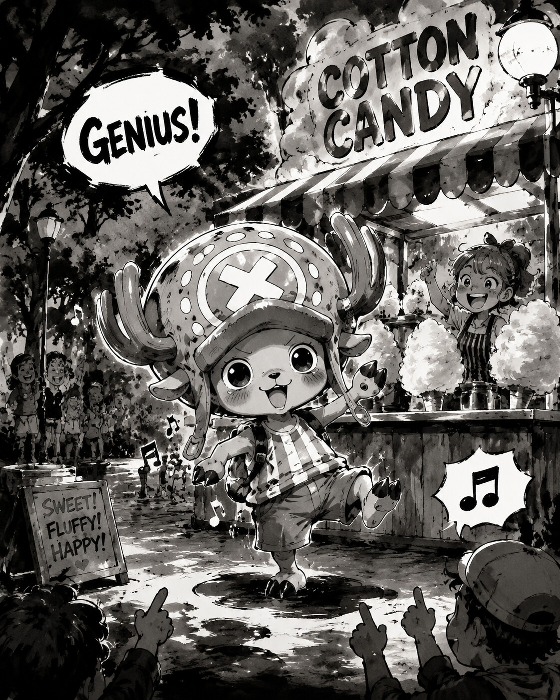 Dancing happily while being called a genius at a vibrant cotton candy stand in the park (dramatic noir)